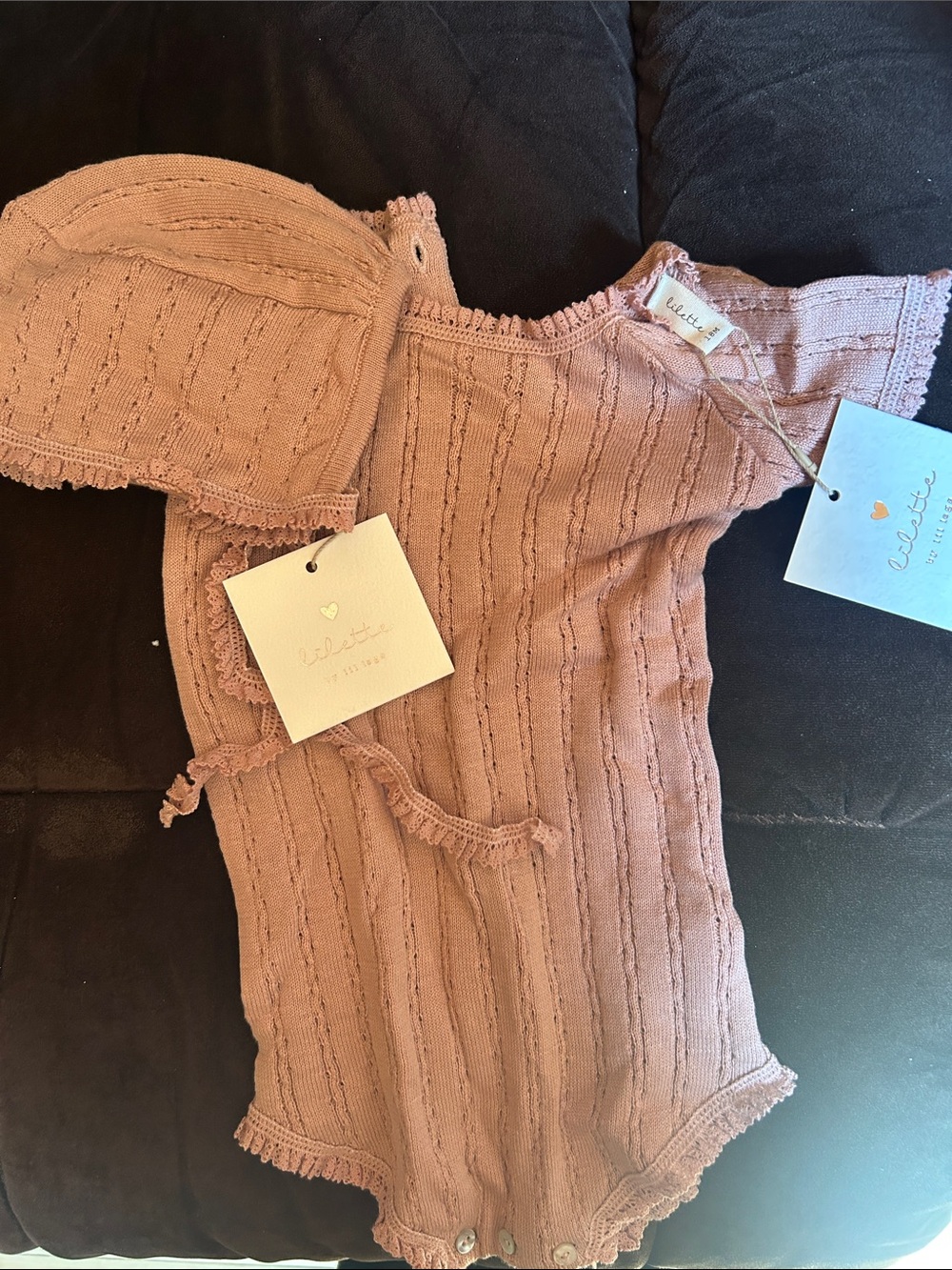 Lilette 18m Dusty Rose Knit Romper with Bonnet